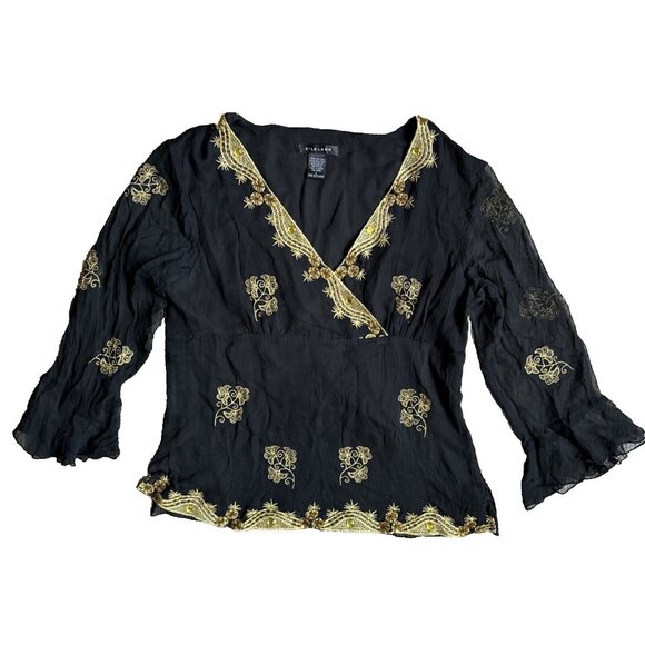 Silkland Womens Babydoll Blouse Silk Black Sheer Flutter Gold Empire waist Witch - Picture 1 of 9